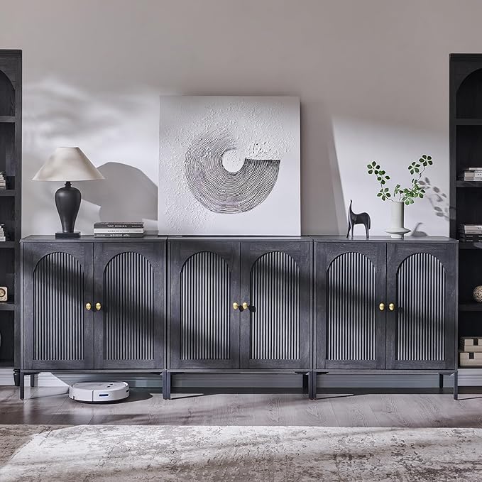 IFGET Modern Buffet Cabinet with Storage, 92.63" W Fluted Arched Sideboard Cabinet w/Adjustable Shelves, Wooden Modular Coffee Bar for Dining Room, Kitchen, Living Room, Entryway, Dark Grey