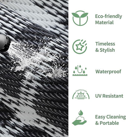 GENIMO Outdoor Rug, Waterproof Plastic Rugs for Patio, 6'x9' Black Plaid | Outside Larger Modern Carpet Mat for Porch Decor, Deck, Balcony, Camping, RV, Backyard, Picnic, Beach, Reversible, Foldable