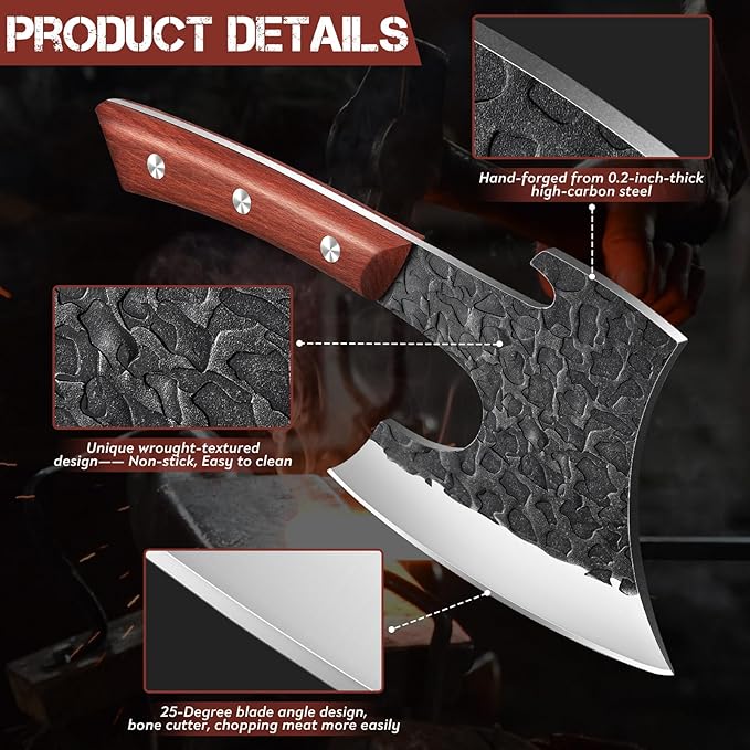 Purple Dragon Butcher Knife Heavy Duty Meat Cleaver - Hand Forged Kitchen Axe for Bone Chopping - Outdoor BBQ and Cooking Christmas Gift for Men and Women