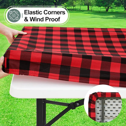 Buffalo Rectangle Picnic Tablecloth, 8 Foot Elastic Fitted Vinyl Table Cloth with Flannel Backing, Waterproof Plaid Table Covers for Dining, Camping, Outdoor (Black and Red, 30" x 96")