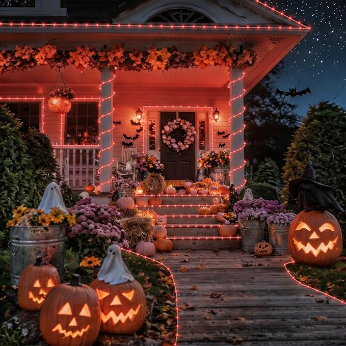 YEGUO Red Solar Halloween Lights, 66ft 200 LED Solar Rope Lights Outdoor Waterproof, 8 Modes Fairy Lights in Clear Thin Tube