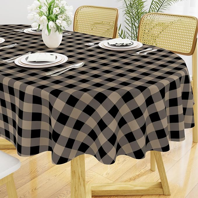 Smiry Oval Table Cloth, Vinyl Tablecloths with Flannel Backing, 60"x84" | Waterproof Picnic Table Cloth, Wipeable Buffalo Plaid Table Cover for Indoor and Outdoor (Black & Khaki)