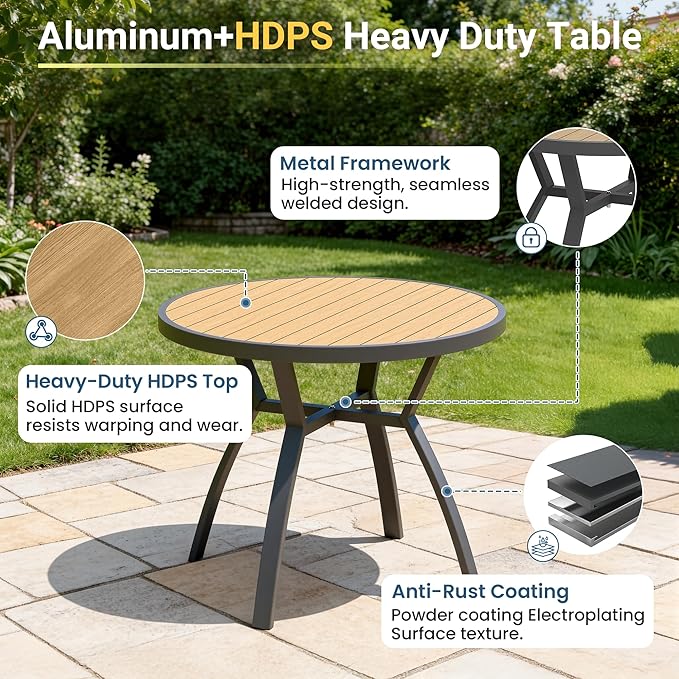 Aluminum Outdoor Table for All-Weather, 35.4" Patio Tables with Heavy Duty HDPS Round Tabletop, Outside Table with Quick-Drying Slatted Design for Patio, Garden, Deck, Porch, Poolside, Backyard
