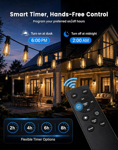 110FT(100+10) Outdoor String Lights, 2FT Spacing 50 LED Edison Bulbs, Waterproof, Shatterproof, Dimmable, Warm White, 3 Modes, Timer, Plug in Hanging Backyard Lights for Outside, Patio