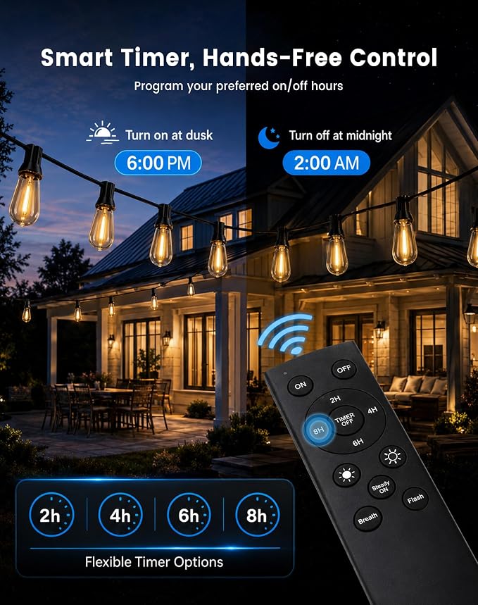 160FT(150+10) Outdoor String Lights, 2FT Spacing 75 LED Edison Bulbs, Waterproof, Shatterproof, Dimmable, Warm White, 3 Modes, Timer, Plug in Hanging Backyard Lights for Outside, Patio
