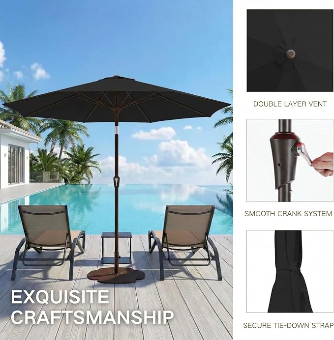 Kingdura 10FT Outdoor Patio Umbrella, Round Market Table Umbrella with Push‑Button Tilt and Crank Lift, 8 Sturdy Metal Ribs, UV50+ Protection Canopy for Backyard, Lawn, Deck, Poolside, Garden (Black)
