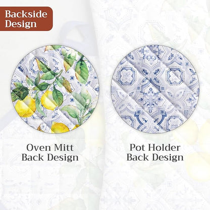 Maison d' Hermine 100% Cotton Oven Mitt & Pot Holder Set (7.5"x13" & 8"x8") Heat Resistant BBQ Cooking Gloves with Loop Baking Grilling Kitchen Hotel Home Farmhouse Spring Summer (Citrus)