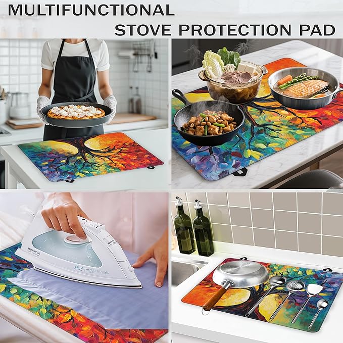 Tree of Life Glass Top Stove Cover Protector,Modern Colorful Tree Heat Resistant Stove Top Cover, Large Size Range Covers for Electric Stove Countertop Mat, 28 x 20 Inch