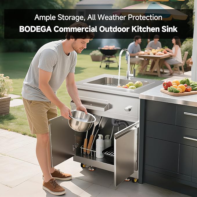 BODEGA Stainless Steel Outdoor Kitchen Sink Cabinet, Outdoor Sink With Hose Hook Up,Single Bowl Kitchen Sinks With Brake Wheels & Spice Rac, All-Weather Use, Mobile Prep Station for BBQ, Camping, RV.