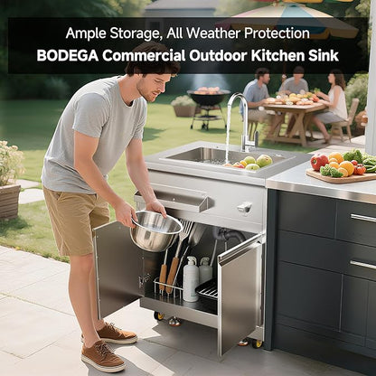 BODEGA Stainless Steel Outdoor Kitchen Sink Cabinet, Outdoor Sink With Hose Hook Up,Single Bowl Kitchen Sinks With Brake Wheels & Spice Rac, All-Weather Use, Mobile Prep Station for BBQ, Camping, RV.