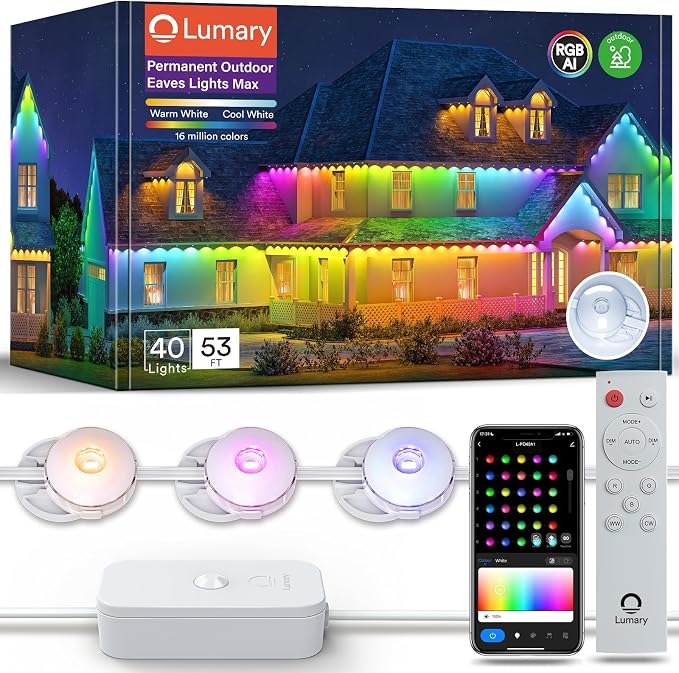 Lumary Permanent Outdoor Lights Max 53FT with 40 LED Eave Lights, RGBAICW | 2400LM, IP67 Waterproof, Smart Outdoor Lighting for Patio, Backyard & Pool Parties, Works with Alexa & Google Assistant