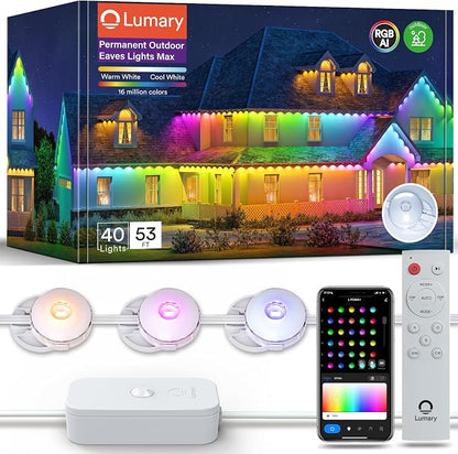 Lumary Permanent Outdoor Lights Max 53FT with 40 LED Eave Lights, RGBAICW | 2400LM, IP67 Waterproof, Smart Outdoor Lighting for Patio, Backyard & Pool Parties, Works with Alexa & Google Assistant