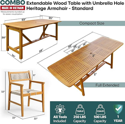 Acacia 9 Piece Outdoor Dining Set Extendable 63""-95"" L Table with Umbrella Hole & 8 Handwoven Chairs - All-Weather Use, Easy Assembly Patio Furniture Set for Deck, Garden - Natural (Set for 6-8)
