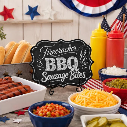 Wooden Food Sign with Metal Stand, Patriotic Hot Dog Buffet Decor for BBQ Party, Food Truck, Restaurant Counter, 5 x 7 Inch Independence Day Tabletop Display - A06