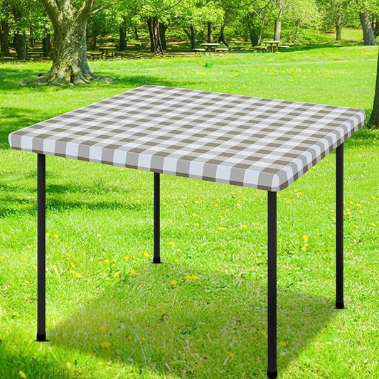 Smiry Square Picnic Table Cloth, Elastic Waterproof Fitted Vinyl Tablecloths, Flannel Backed Buffalo Plaid Table Covers for Dining, Camping, Outdoor (White and Khaki, 36" x 36")