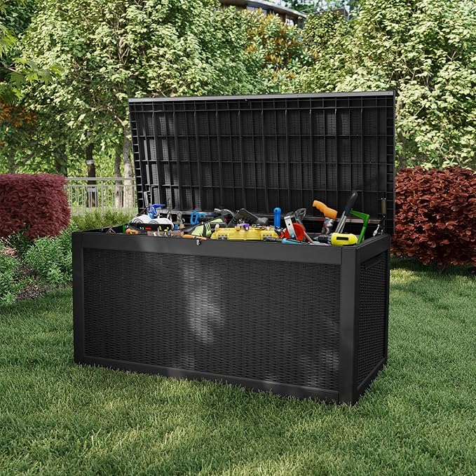 Pepe Tee Waterproof Resin Deck Box, Outdoor Storage Bin for Patio Furniture Cushions, All-Weather Garden Organizer & Seating Bench, Black