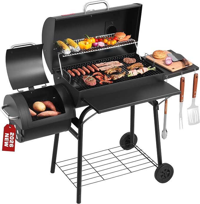 Charcoal Grill with Offset Smoker, 744.5 Sq. In. Outdoor BBQ Grill | Side fire box, 4-position adjustable charcoal pan, thermometer, warming rack, side table, wheels and storage rack