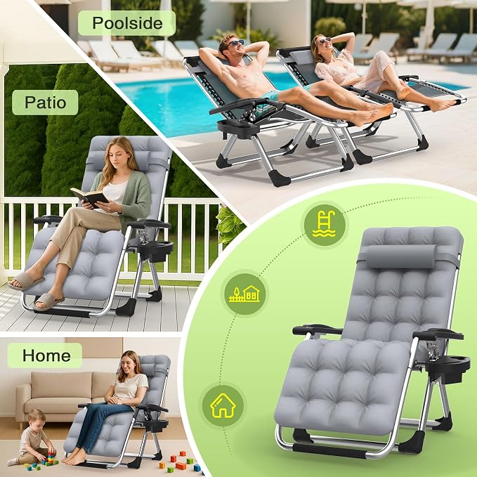 Suteck Zero Gravity Chair, Reclining Camping Chairs w/Removable Cushion | Anti Gravity Recliner Lounge Chair with Aluminum Alloy Lock & Cup Holder, 90-170° Adjustable, for Lawn Patio Indoor