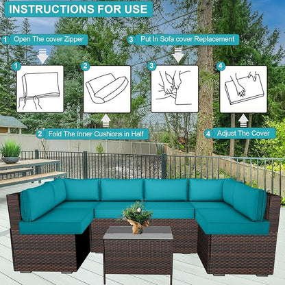 14 Piece Outdoor Patio Cushion Cover Replacement, Waterproof Patio Cushion Covers, Outdoor Furniture Cushion Covers Set for 6 Seat Wicker Rattan Sofa (Turquoise)