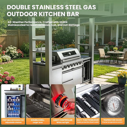 94" Stainless Steel Outdoor Kitchen Island with 6-Burner 85000 BTU,Heavy-Duty Propane Grill with Rotisserie Oven,Galvanized Steel Roof,Granite Countertops,Refrigerator,Sink.(Propane Gas)