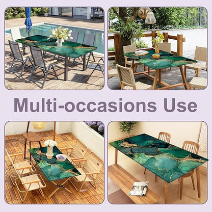 Marble Picnic Table Cover with Table Cover, Elastic Tablecloth for Outdoor Picnic Tables, Jade Green and Gold Texture Design, Tablecloth for Camping, Barbecue and Terrace Dining