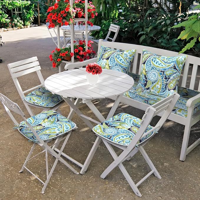 DYTXIII Set of 4 Outdoor Chair Cushions with Ties,Water Repellent Patio Chair Pads 17"x 16" for Outdoor Furniture,Round Corner Seat Cushions for Garden Yard Kitchen Paisley Lapis Green