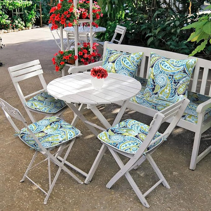 DYTXIII Set of 4 Outdoor Chair Cushions with Ties,Water Repellent Patio Chair Pads 17"x 16" for Outdoor Furniture,Round Corner Seat Cushions for Garden Yard Kitchen Paisley Lapis Green