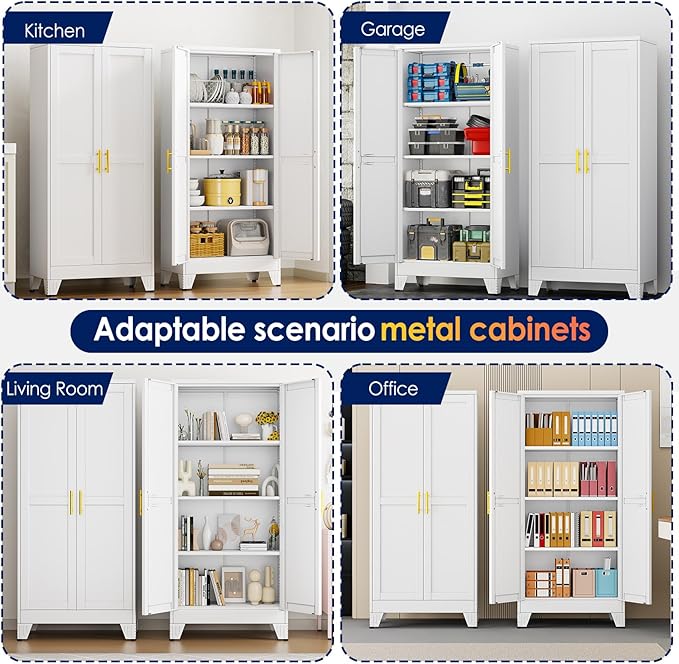 erosoei 61" H Metal Garage Storage Cabinet, Metal Pantry Cabinet with 2 Doors, Locker Steel Cabinet with 3 Adjustable Shelves, Freestanding Cupboard for Garage,Office,Home,Gym,School