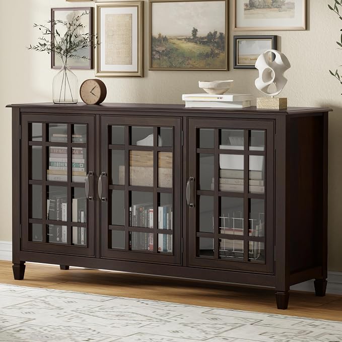 SIMPLIHOME Connaught 60" Solid Wood Buffet in Chestnut Brown | Traditional sideboard buffet with glass doors and adjustable shelves for organized dining or living room storage.