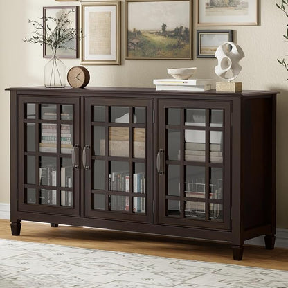 SIMPLIHOME Connaught 60" Solid Wood Buffet in Chestnut Brown | Traditional sideboard buffet with glass doors and adjustable shelves for organized dining or living room storage.