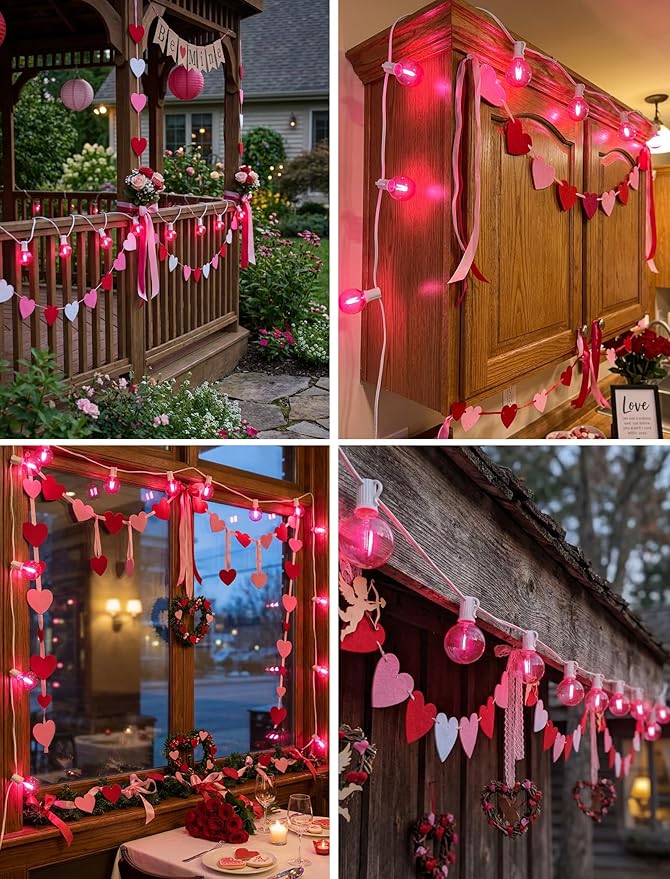 50Ft Valentine's Day Outdoor String Lights, G40 Valentines Day Decorations Lights with 27 LED Pink Shatterproof Bulbs(2 Spare), Hanging Globe Patio Lights for Outside Party Wedding Porch Backyard