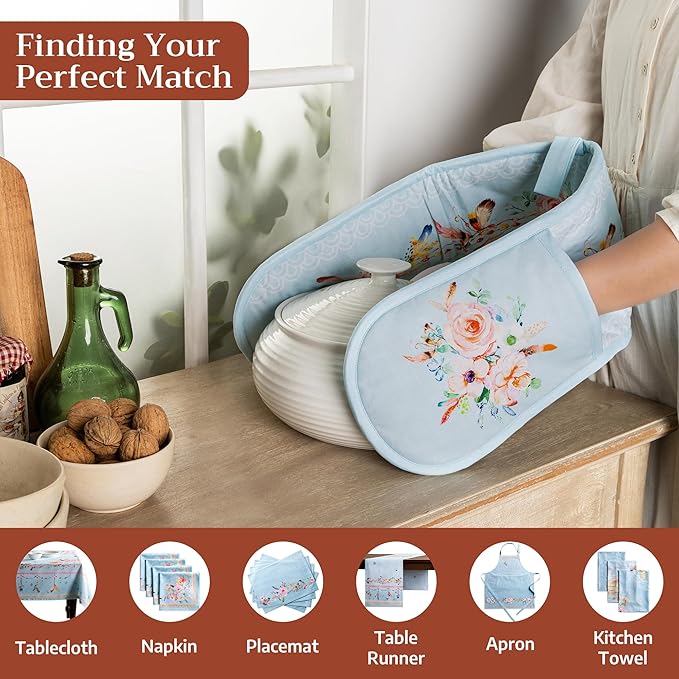Maison d' Hermine Double Oven Mitts 100% Cotton 7"x35" Double Oven Mitt Heat Resistant BBQ Cooking Gloves with Loop Baking Grilling Kitchen Hotel Home Farmhouse Spring Summer (Ibiza - Blue)