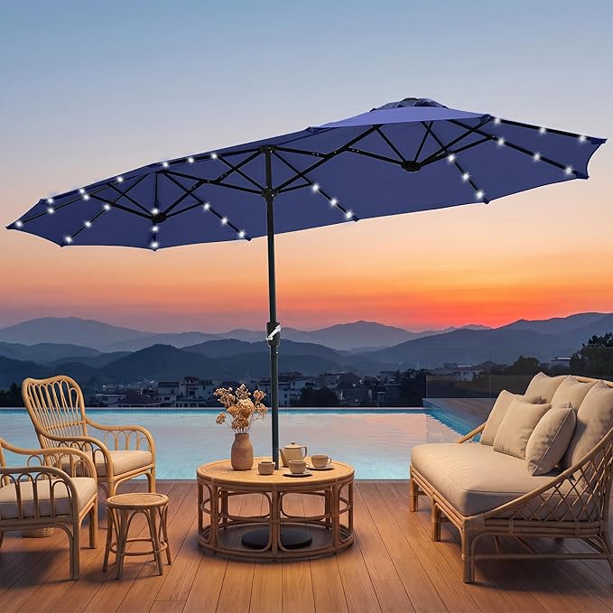 FREE SOLDIER 13ft Patio Umbrella with 36 LED Solar Lights Double Sided Outdoor Umbrella for Patio Table Umbrella with Solar lights for Garden Yard Pool (Navy)