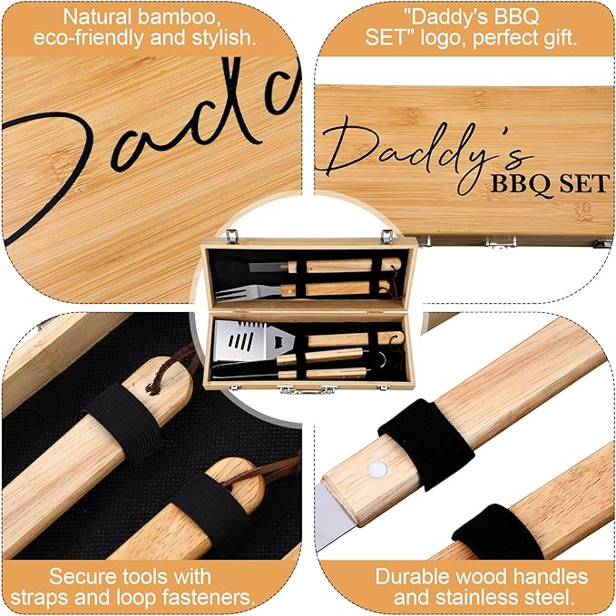Pangda BBQ Accessories Grill Tools Set with Wooden Storage Case - 4 Pcs Grilling Accessories Gift for Dad Stainless Steel for Outdoor with Tongs Spatula Fork and Basting Brush Grilling Gifts