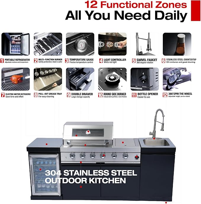 85-Inch 4-Burner Propane Gas Outdoor Kitchen Grill Island - 72000 BTU Stainless Steel BBQ, Refrigerator, Rotisserie, Stainless Countertops, Soft-Close Storage, For Patio, Lawn, Backyard, Black