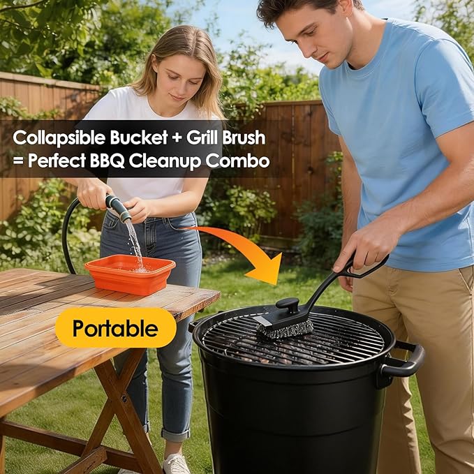 Bristle-Free Silicone BBQ Grill Brush - No Wire Risk, Fast Burnt Grease Removal - 3 Detachable Heads, 2 Extra Replacements, Collapsible Water Cup & Scraper for Gas, Charcoal, Cast Iron Grates