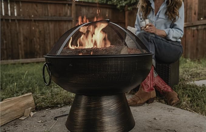 GasOne 22 in Round Outdoor Fire Pit - Wood Burning With Mesh Lid and Fire Picker - Durable Alloy Steel for Outside - Small for Backyard, Porch, Deck, Camping, BBQ