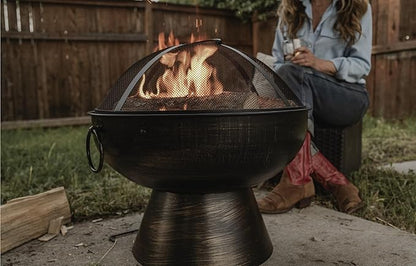 GasOne 22 in Round Outdoor Fire Pit - Wood Burning With Mesh Lid and Fire Picker - Durable Alloy Steel for Outside - Small for Backyard, Porch, Deck, Camping, BBQ