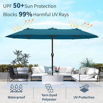 15FT Double Sided Patio Umbrella with Base Included Large Outdoor Market Umbrella with Crank Handle, UV Resistant Canopy, Sturdy Frame for Garden, Poolside, Deck, Lake Blue