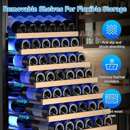 Velivi 24" Wine Cooler Refrigerator Black, 24 Inch Wide Large Capacity Freestanding/Built in Wine Fridge for 176 Bottles with Safety Lock, Professional Wine Cellar with Glass Door