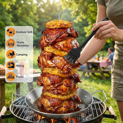 Noamus Al Pastor Skewer for Grill, 304 Stainless Steel Vertical Skewer, Brazilian Spit Stand with 5 Removable Spike (6"/8"/10"/12"/14")&Brushes for Shawarma Kebabs Tacos BBQ Smoker Kamado Oven Dish