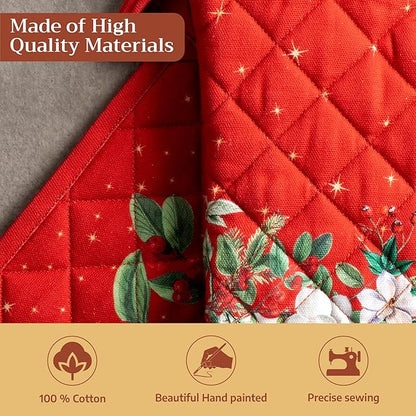 Maison d' Hermine 100% Cotton Oven Mitt & Pot Holder Set (7.5"x13" & 8"x8") Heat Resistant BBQ Cooking Gloves with Loop for Thanksgiving Christmas Decorations Handling Hot Pans (Noel)