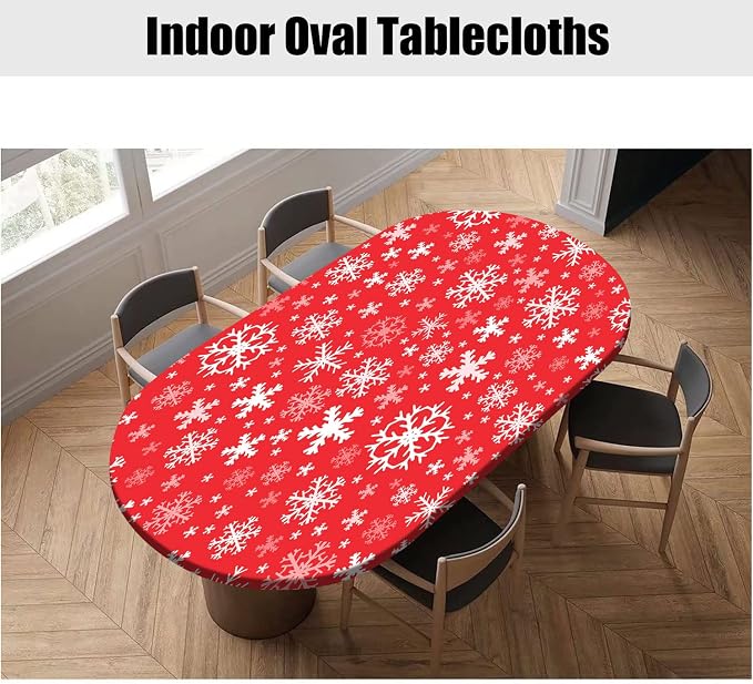 Christmas Elastic Fitted Tablecloths, White Snowflakes on Red Background Oval Table Covers, Fits Oval Tables up to 54" x 76", Polyester Table Cloth Wrinkle Resistant Decor Indoor Family Banquet Use
