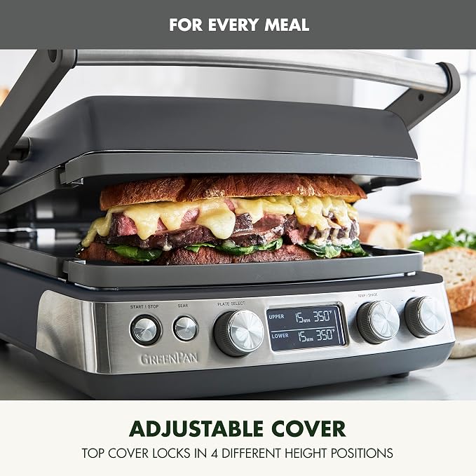 GreenPan Elite 6-in-1 Multi-Function Contact Grill & Griddle, Healthy Ceramic Nonstick Reversible Plates, Adjustable Shade & Shear, Closed Press/Open Flat Surface, PFAS-Free, Graphite