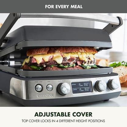 GreenPan Elite 6-in-1 Multi-Function Contact Grill & Griddle, Healthy Ceramic Nonstick Reversible Plates, Adjustable Shade & Shear, Closed Press/Open Flat Surface, PFAS-Free, Graphite
