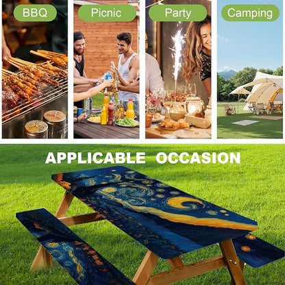 ANNA QUEEN Artistic Starry Night 6FT Picnic Table Cover with Bench Covers Set of 3 with Drawstring Bag, 72"x30" Waterproof Fitted Picnic Tablecloth & Bench Seat Covers for Outdoor Camping Patio