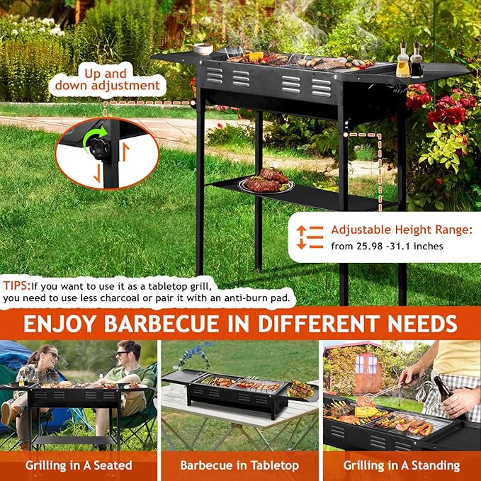 Portable Charcoal Grills for Outdoor BBQ, Large Barbecue Smoker with Adjustable Height, Foldable Kabob Cooking Grill for Garden Backyard Party Camping Picnic, Black