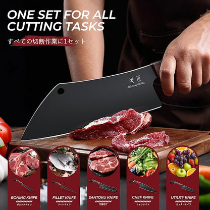 DRGSKL Kitchen Knife Set with Bag - 6 PCS Chef Knives Set - Cleaver, Boning, Fillet, Santoku, Kitchent Utility Knives, Chef Knife with Full Tang Wooden Handle, Gifts for Men and Women