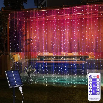 300 LED Solar Curtain Lights USB & Solar Dual Powered 8 Modes Waterproof Fairy Window Lights Twinkle for Home Indoor Outdoor Use Patio Christmas Decoration (Multi-Colored)