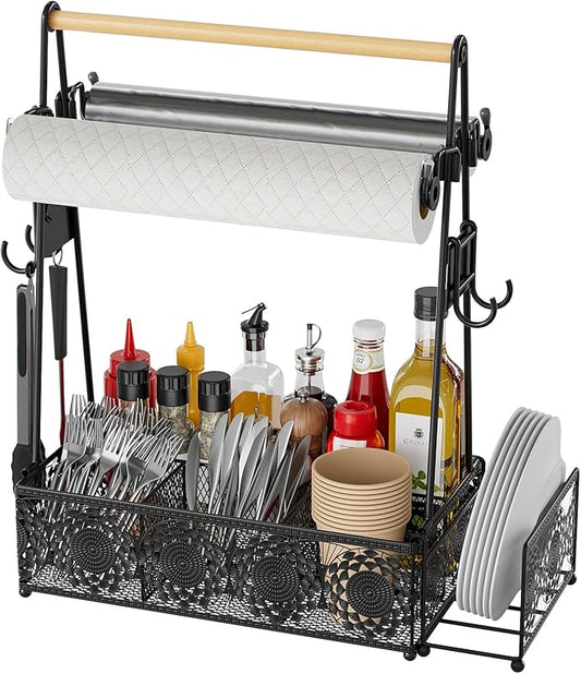 EKNITEY Camping Utensil Grill Holder: BBQ Condiment Griddle Kitchen Organizer With Handle - Caddy Storage For Travel Picnic